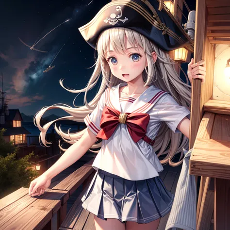 One Girl, pirate, Highest quality、Cinema Lighting、Sailor suit、Long skirt、Galleon Deck、White panties,