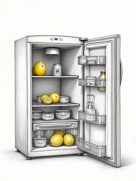 detailed pencil sketch of an open indian fridge with half cut lemon and food kept inside