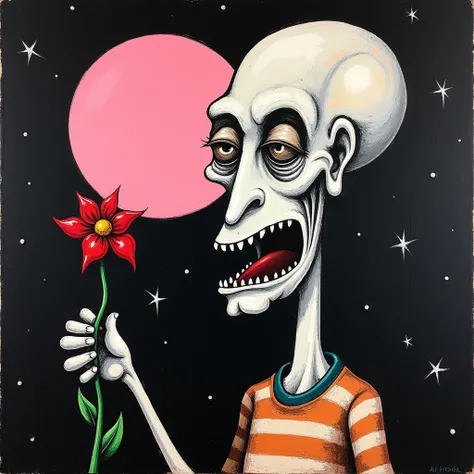 **flat oil painting depicting a bald humanoid albino old man, "big mouth", "holding a red flower in his hand", "big head and long thin neck", "pink moon in the background", "black night studded with stars", graffiti painting by Jean-Michel Basquiat.**