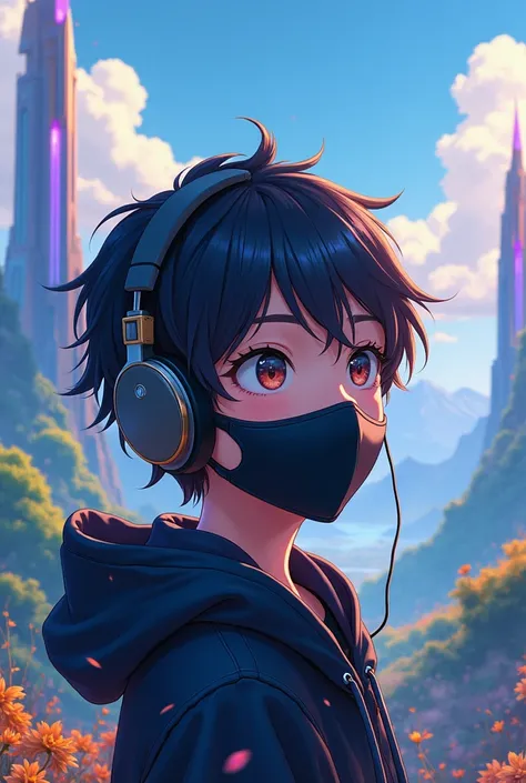 A anime boy listening to music with black mak on face in a utopian wirld with colourfull lamdscape