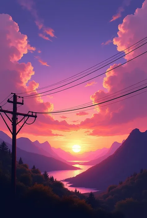 Picturesque sunset landscape. In the foreground is a power line pole. The sky is painted in bright shades of purple, pink and orange, with fluffy clouds scattered all over the canvas. The sun, partially obscured by clouds, emits a warm glow that illuminate...