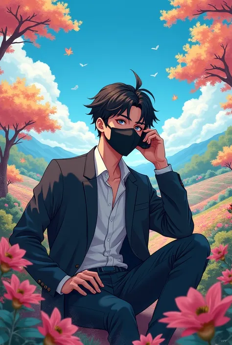 A anime boy listening to music with black mak on face in a utopian wirld with colourfull lamdscape
Age of the boy around 27 and wearing a fashonable outfit looking sad