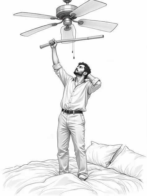 detailed pencil sketch of a man  standing on the bed holding a wooden stick and trying to rotate the celling fan