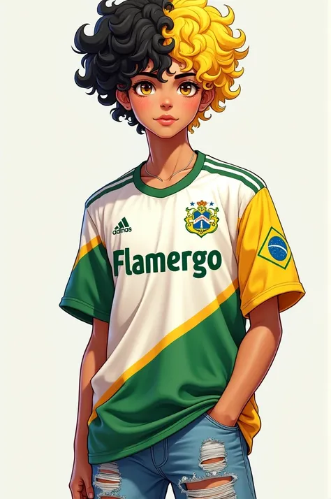 Male characterization, yellowish brown eyes small curly hair half black half yellow,  with a white Flamengo shirt and ripped denim shorts
