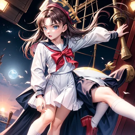 one girl, pirate, highest quality、cinema lighting、sailor suit、long skirt、galleon deck、white panties,