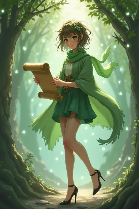 A girl wearing a scarf，Holding a scroll，Green clothes，Short shorts，Stiletto high heels，There are healing effects around