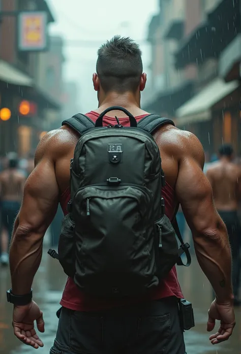 Strong muscular man, street rage, backpack, epic realism, photo, faded, complex stuff around, complex background, wet, neutral colors, ((((hdr)))), (((( muted colors)))), complex scene, artstation, intricate details, vignette