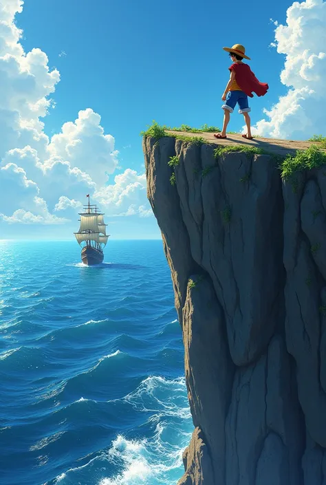 Create a photo in which monkey d Luffy standing randomly in a pose from back side at the top of the Cliff and beneath is the sea with pirates ship