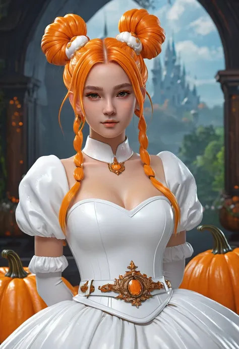 a slime girl with double bun slime hair, wearing a white princess dress with a weapon belt, pumpkin orange color scheme, detailed facial features, highly detailed, masterpiece, best quality, 8k, photorealistic, professional digital art