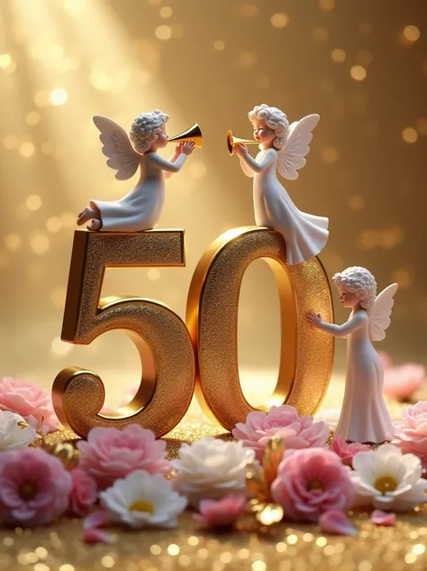 a 3d flat golden 50 with an angel on top of it with  a trumpet and another on the right side of 50 turning other side welcoming others, lying on pink and white flower bouquets with golden leaves, backdrop of glittering gold particles