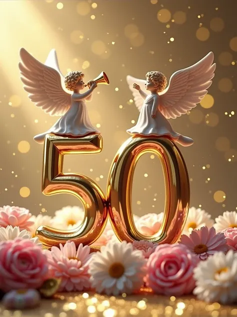 a 3d flat golden 50 with an angel on top of it with  a trumpet and another on the right side of 50 turning other side welcoming others, lying on pink and white flower bouquets with golden leaves, backdrop of glittering gold particles