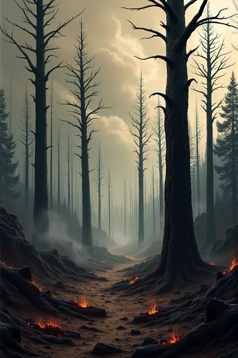 Create an image/drawing about climate change, involving deforestation and burning 