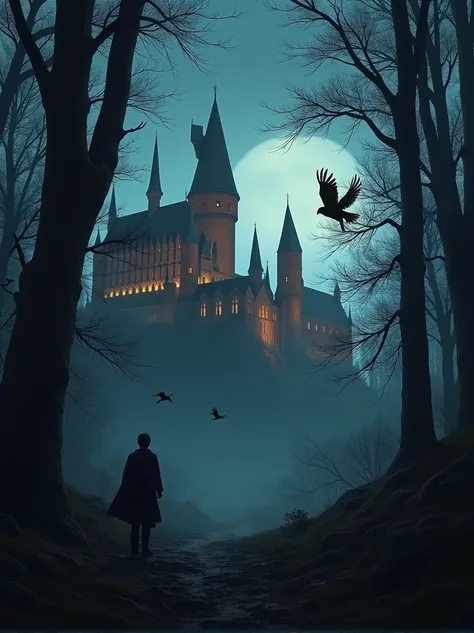 Distant hogwarts castle visible through woods, dark moody forest but , bright hogwarts castle, 8k , realistic, owls