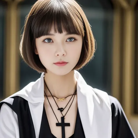 A 19-year-old girl with short white hair, bangs, and golden eyes. She wears a black cross necklace and is wearing a nuns robe.   And has an emotionless and Has a beautiful face 