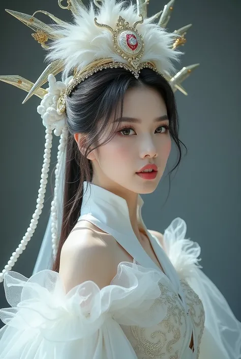 
A woman wearing a white dress and a white hat with a chain., ((Beautiful Fantasy Empress)), elegant cosplay, Beautiful Fantasy Empress, Inspiration from Leng Mei, Albedo from the Overlord, It&#39;s true, Zhang., Whole Xianxia, iu lee ji-eun in the role of...