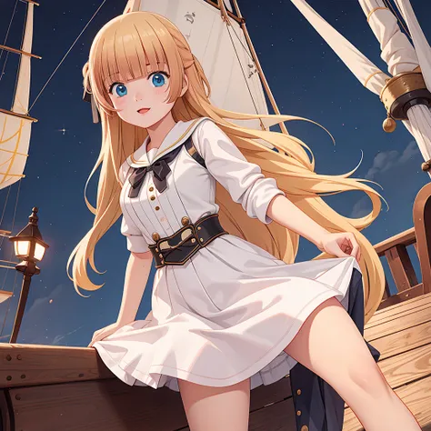 one girl, pirate, highest quality、cinema lighting、sailor suit、long skirt、galleon deck、white panties,