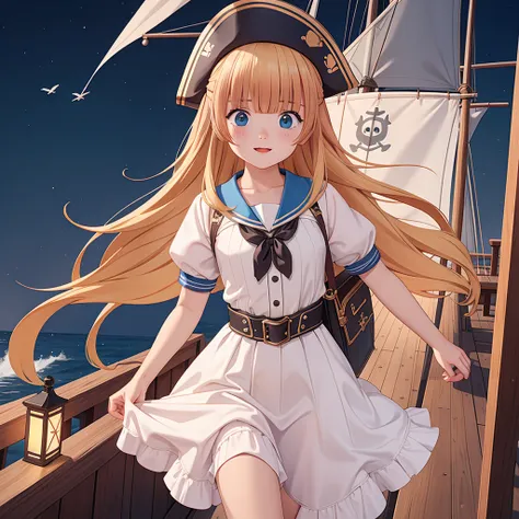 one girl, pirate, highest quality、cinema lighting、sailor suit、long skirt、galleon deck、white panties,