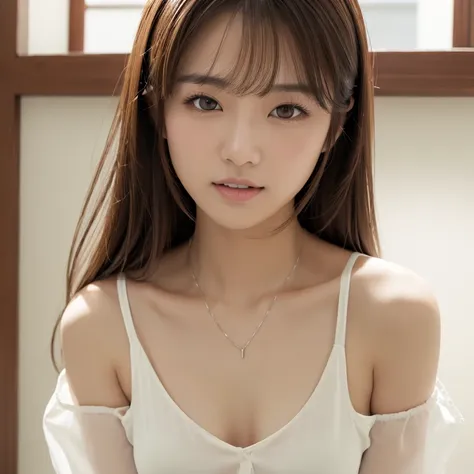 1 Japanese woman, 20 years old, High resolution, Gaze, Shortcuts, Brown Hair, Open your mouth a little, teeth, Anatomically correct, Soft Light, Reality, Super detailed, 
White silk shirt with an oversized neckline, I can see my collarbone and chest、Nipple...