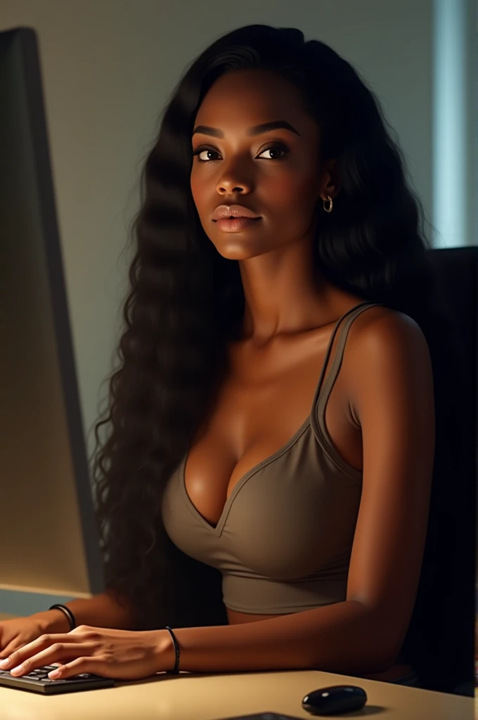 a gorgeous African girl with long dark hair, detailed eyes, nose, and lips, large breasts, wearing  a tank top, sitting in her office, using her computer, hp computer (best quality,4k,8k, highres,masterpiece:1.2),ultra-detailed,(realistic,photorealistic,ph...