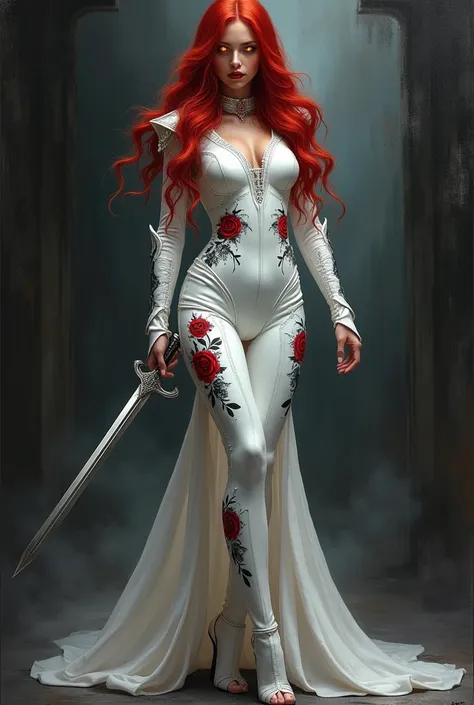 Arafed, action shot, Dark fantasy art, fantasy art, fantasy goth art, an oil painting art of a female vampire, exquisite beauty, full body shot, dark glamour shot, pale white skin, red hair, long hair, wavy hair, dynamic eyes color eyes, glowing eyes, she ...