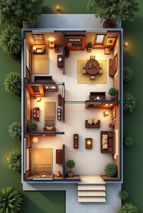 Create a 2 dimensional house design according to Hindu vastu including a 3 rooms, a Puja room,a kitchen and washrooms also include the dining area and drawing room near the kitchen.