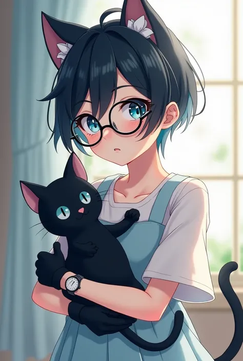 Male, 21 years old, Black hair, Scars, 3’2, Black gloves, icy blue eyes, feminine looking outfit, short hair, Sweet, kind, Watch on his left wrist, Black cat plush, femboy, glasses, cat ears and tail