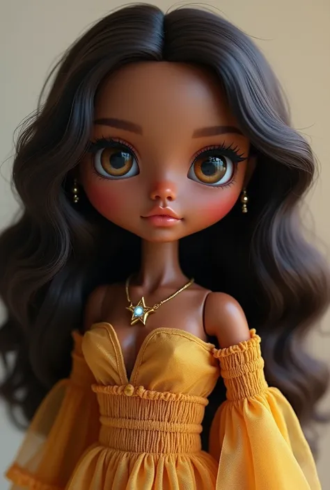 Blythe doll with south Asian Bangladeshi brown skin features and wavy hair star necklace 
