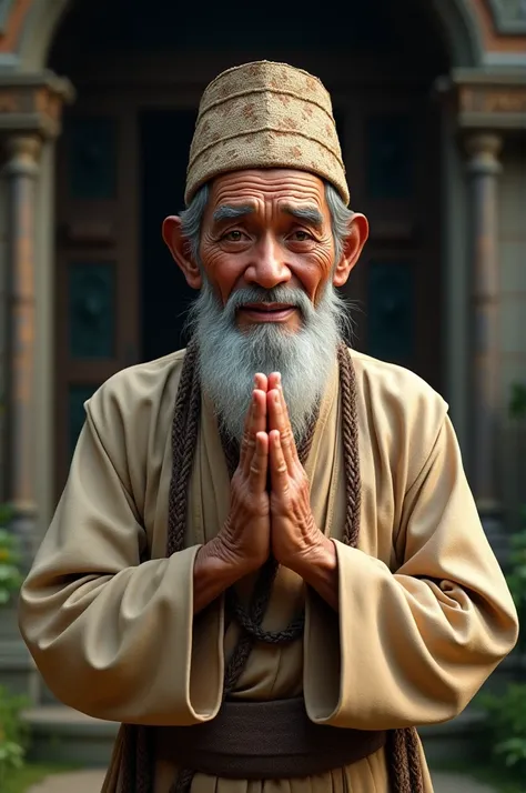 Greeting Namaste Old Asian faced Male wearing Dhaka Topi