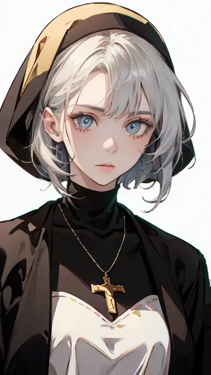 A 19-year-old girl with short white hair, bangs, and golden eyes. She wears a black cross necklace and is wearing a nuns robe.   And has an emotionless and Has a beautiful face  And have a little bit big breasts.