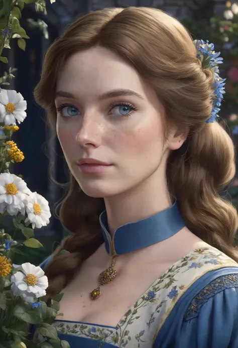 1 woman, with flower garden in the background, wearing a simple blue medieval dress with puffed sleeves, detailed facial features, feminine blue-gray eyes, freckles on her face, detailed fair skin, golden brown hair, dramatic lighting, cinematic compositio...