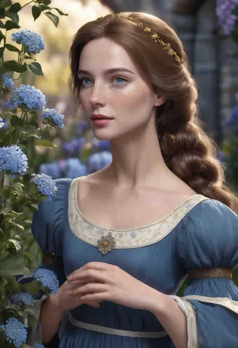 1 woman, with flower garden in the background, wearing a simple blue medieval dress with puffed sleeves, detailed facial features, feminine blue-gray eyes, freckles on her face, detailed fair skin, golden brown hair, dramatic lighting, cinematic compositio...