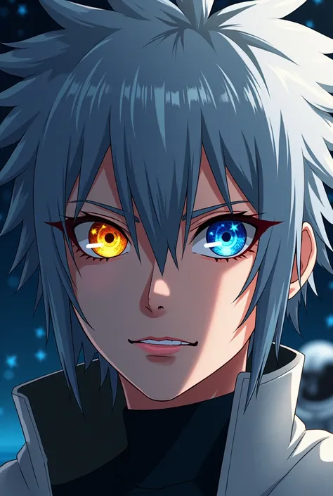 ((uchiha Sasuke)), (Close-up of a better masterpiece:1.5)0.9], (Space and astronauts:1.2) (Messy silver hair:1.1) (Heterochromia xanthochromia and blue eyes:1.2) (Space Helmet:1.0) (Colored stars in the eyes:1.0) (A radiant glow:1.1) (thick lips:0.9)