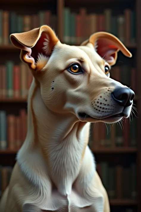 Human body, head of a dog in library