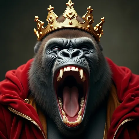 "A hyper-realistic close-up image of a massive gorilla dressed in royal attire, wearing a golden crown and a red velvet robe. The gorillas eyes are closed tightly with joy, and its mouth is wide open in an uproarious laugh, showing its sharp teeth. The bac...