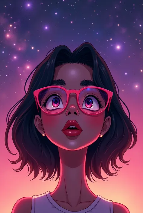 Pink and purple sky wallpaper full of stars with a skinny Italian nose with dark brown medium hair and pink glasses 
