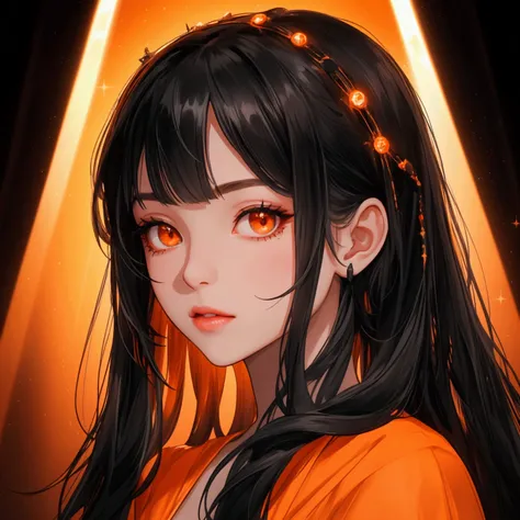 Beautiful young woman with long black hair wearing a night dress. The background is a stage with orange and black tones. There is a spotlight shining on her face. Close-up.