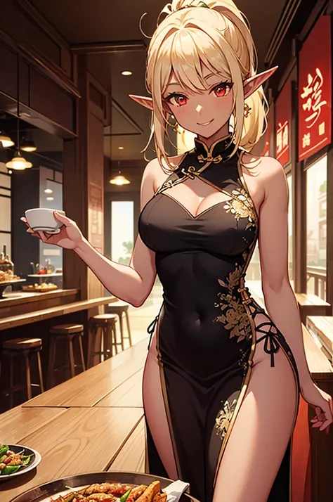 Beautiful images,Detailed Images,Official image,(Chinese restaurant background),One Woman,Blonde,Red Eyes,Ponytail Hair,Model body type,(Dark Skin:1.3),Elf Ears,Large Breasts,(China dress:1.3),Smile small,Fluttering banknotes and gold coins