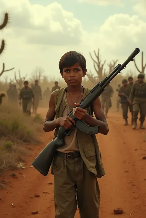 A young farmer armed with a weapon stands in the foreground of a dramatic battle scene set in the arid caatinga region of northeastern Brazil. In the background, there is a fierce conflict between an army dressed in modern military uniforms and local farme...