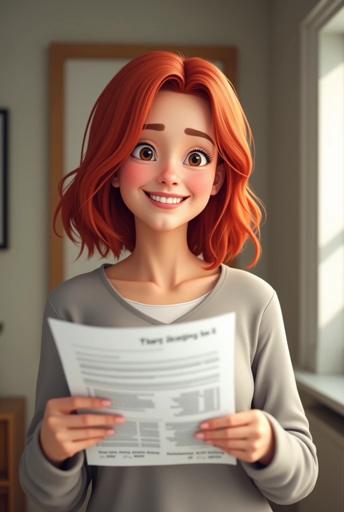 Happy red haired woman looking at a bill to pay