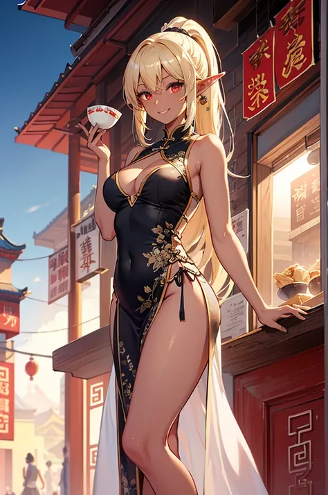 Beautiful images,Detailed Images,Official image,(Chinese restaurant background),One Woman,Blonde,Red Eyes,Ponytail Hair,Model body type,(Dark Skin:1.3),Elf Ears,Large Breasts,(China dress:1.3),Smile small,