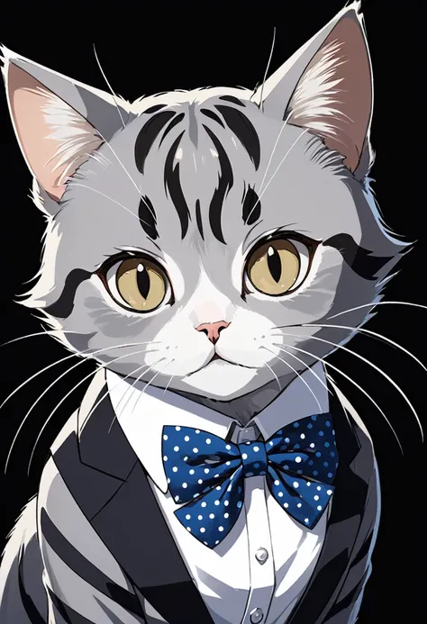 A chic cat, Black and grey stripes, Wearing a blue and white polka dot bow tie, Serious expression, Black background, expressionless, anime, best quality