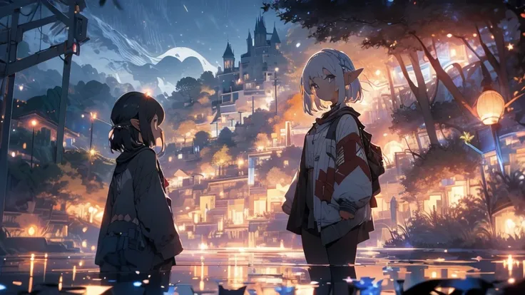 There are many fireworks in the night sky. On the other side of the lake is a castle. In the foreground, an elf is looking up at the fireworks with a black cat. The elf has short-cut white hair.