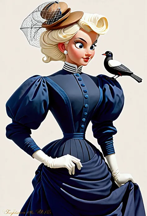 Year 1898. Humanized Minnie Mouse as a pretty, flirty 12yo girl, seducing a horny 69yo gentleman. 1890s fashion. Victorian high-collar navy blue dress with (((long puff sleeves cuffed into wrist-high white silk gloves. Powder blue sash cinched around her w...