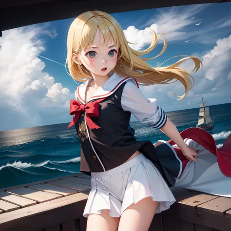 One Girl, pirate, Highest quality、Cinema Lighting、Sailor suit、Long skirt、Galleon Deck、White panties,