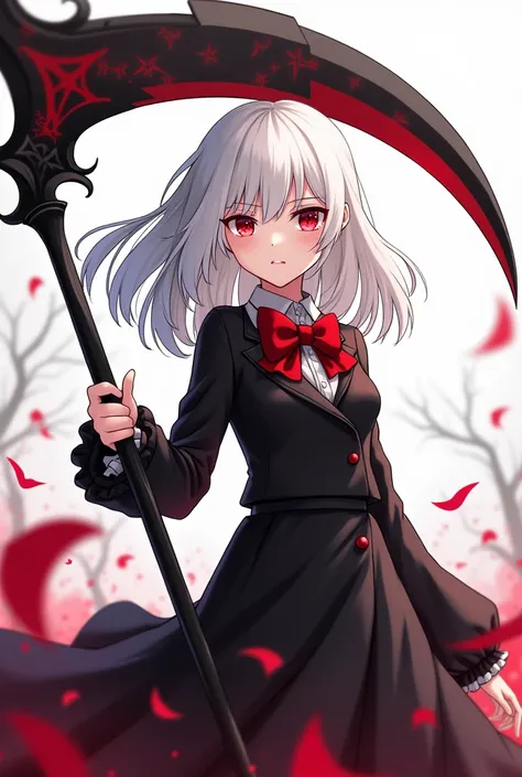 The cover image of the manga, Gray Grim Reaper Scythe, features a cute girl with waist-length white hair and ruby red eyes, standing in a beautiful pose holding a scythe The sickle has a single black handle.