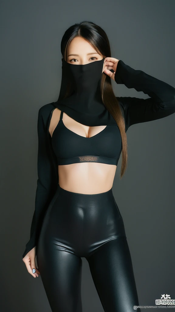 （lifelike， high - resolution：1.3），full body , 1 girl with a perfect body， Super fine face and eyes，slong hair， midriff of black colors：1.2， black shiny leggings，face veil,   big boob，Expose cleavage, ninja pose.