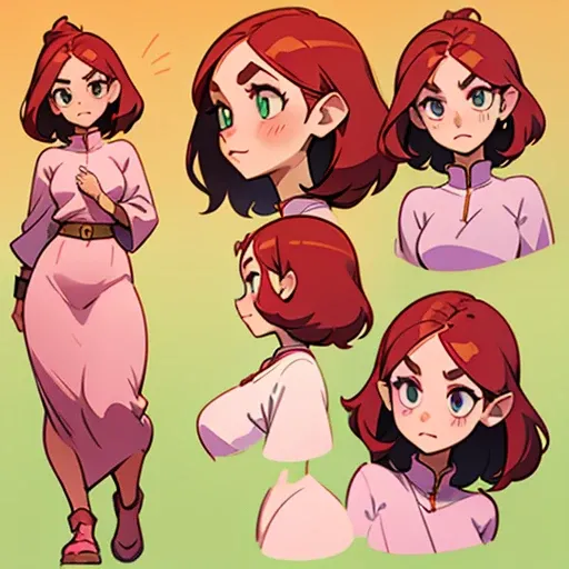 A girl with deep red hair, with a bright and striking tone.
- Her hair is short and slightly wavy, reaching just above her shoulders.
- She wears straight bangs that cover her forehead and mix with longer strands on the sides of her face, framing it softly...