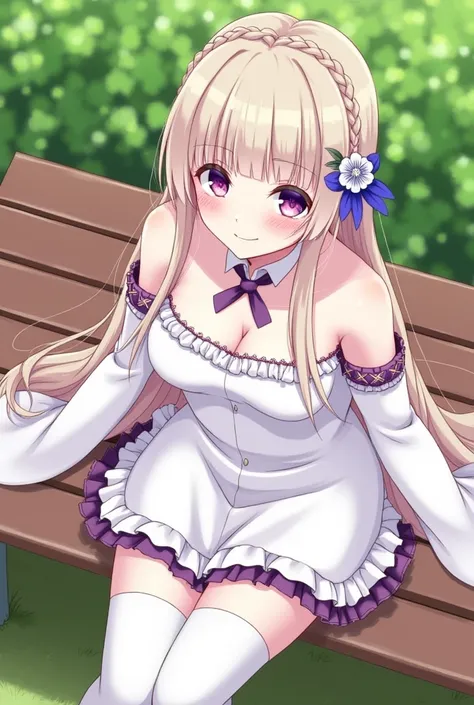 nsfw, sexy, visible breast and pussy, pussy juice, masterpiece, 1girl, Emilia, blunt bangs, long hair, crown braid, white dress, detached collar, wide sleeves, x hair ornament, hair flower, hair ribbon, white thigh boots, cleavage, purple frills, pleated_w...