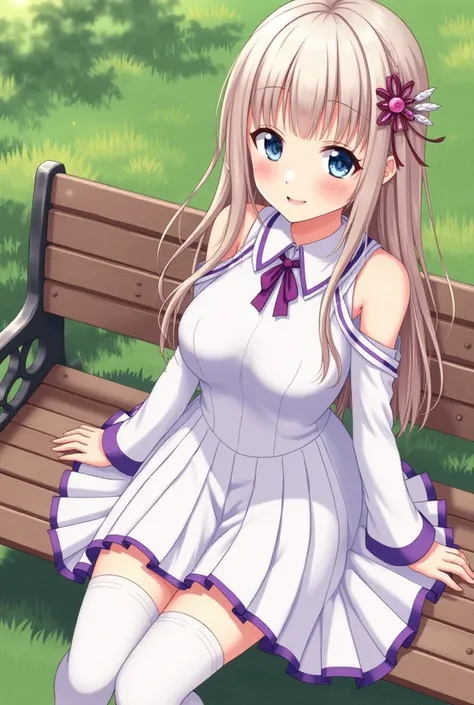 nsfw, sexy, visible breast and pussy, pussy juice, masterpiece, 1girl, Emilia, blunt bangs, long hair, crown braid, white dress, detached collar, wide sleeves, x hair ornament, hair flower, hair ribbon, white thigh boots, cleavage, purple frills, pleated_w...