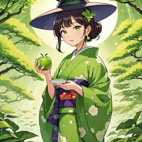 Japanese woman wearing kimono, witch, cartoon, holding Apple Green Tea, Japanese environment background